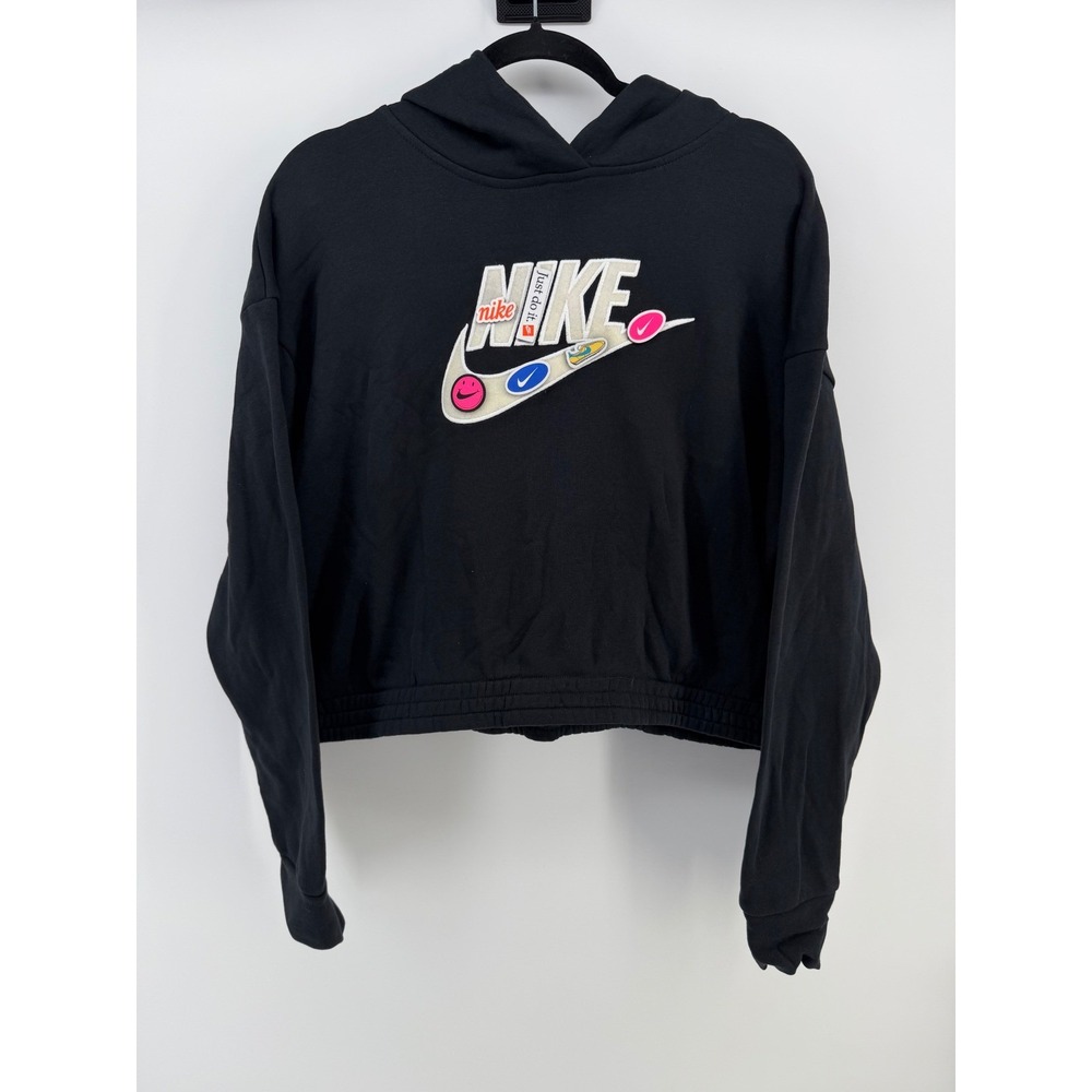 Nike Sportswear Icon Clash Fleece Hoodie Black Cropped Removable Patches Size Lg